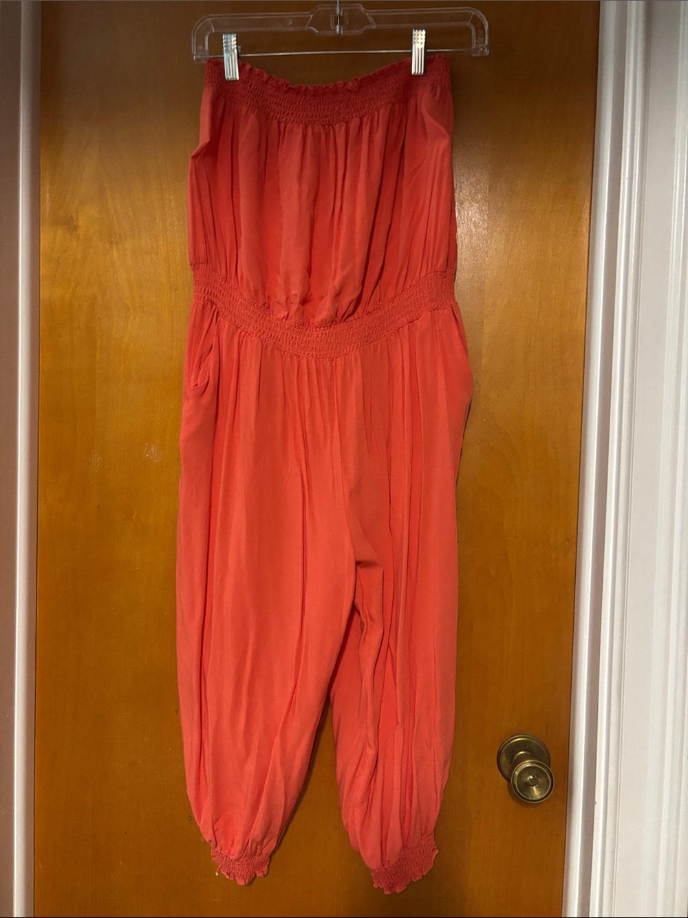 Strapless Coral Jumpsuit with Smocked Waist